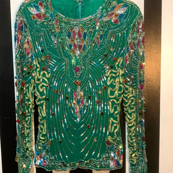 1980s Vintage Fully Embellished Sequin/Silk Emerald Green Long Sleeve Top Small - Picture 15 of 17
